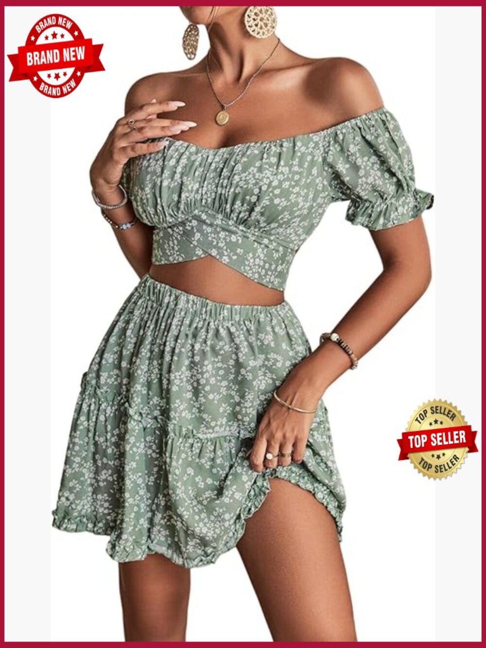 2 Piece Outfit Floral Off Shoulder Crop Top and Mini Skirt Set